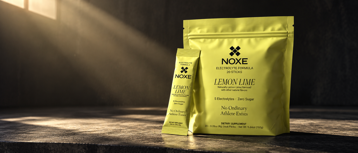 NOXE Lemon Lime pouch and stick pack in low window light